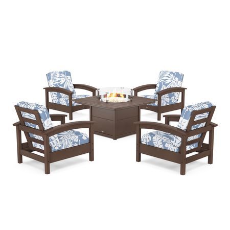 POLYWOOD Rockport 5-Piece Deep Seating Set with Square Fire Pit Table in Vintage Lantern / Leaf Sky Blue