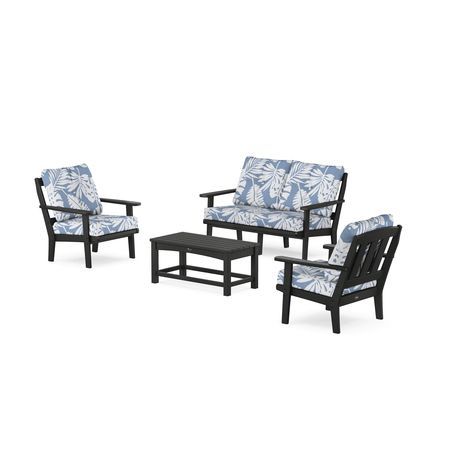 POLYWOOD Cape Cod 4-Piece Deep Seating Set with Loveseat in Charcoal Black / Leaf Sky Blue
