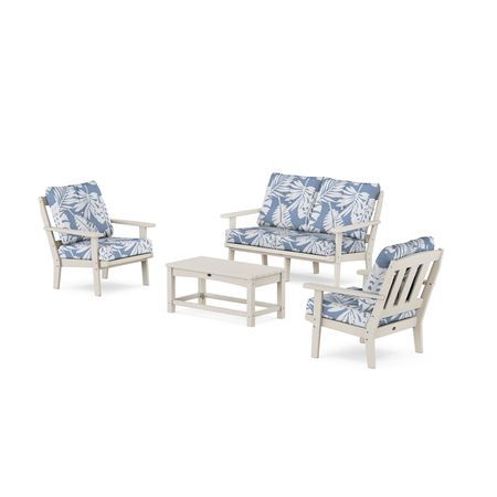 POLYWOOD Cape Cod 4-Piece Deep Seating Set with Loveseat in Sand Castle / Leaf Sky Blue