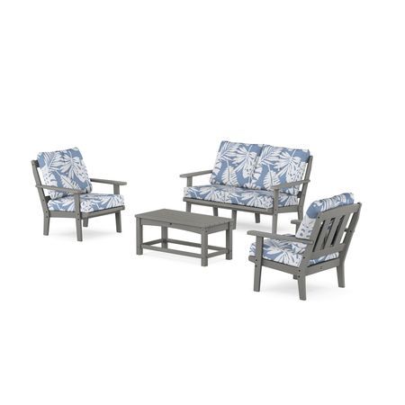 POLYWOOD Cape Cod 4-Piece Deep Seating Set with Loveseat in Stepping Stone / Leaf Sky Blue