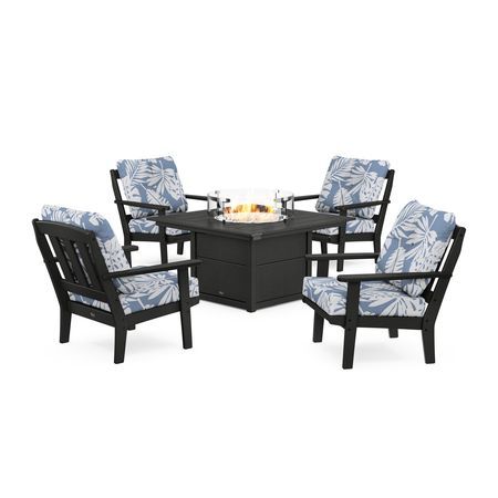 POLYWOOD Cape Cod 5-Piece Deep Seating Set with Fire Pit Table in Charcoal Black / Leaf Sky Blue