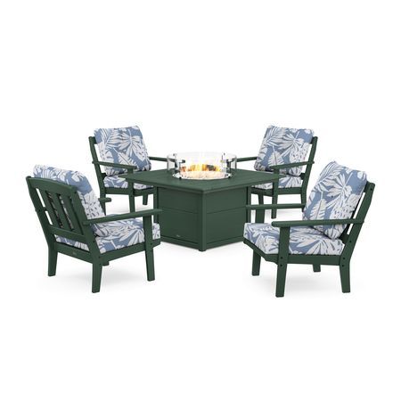 POLYWOOD Cape Cod 5-Piece Deep Seating Set with Fire Pit Table in Rainforest Canopy / Leaf Sky Blue