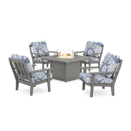 POLYWOOD Cape Cod 5-Piece Deep Seating Set with Fire Pit Table in Stepping Stone / Leaf Sky Blue