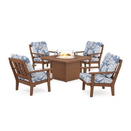 POLYWOOD Cape Cod 5-Piece Deep Seating Set with Fire Pit Table in Tree House / Leaf Sky Blue