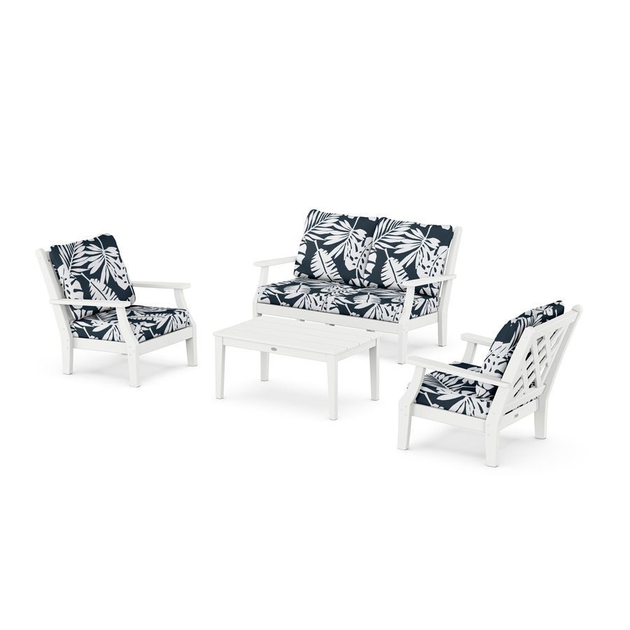 POLYWOOD Wovendale 4-Piece Deep Seating Set with Loveseat in White / Leaf Marine Indigo