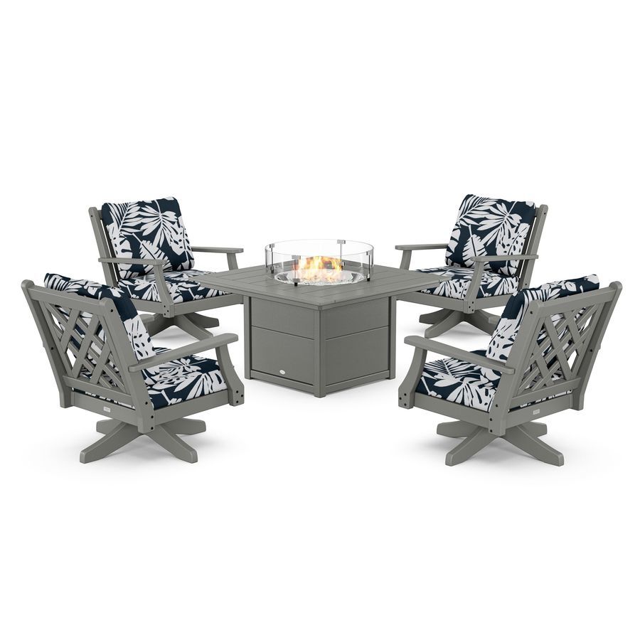 POLYWOOD Wovendale 5-Piece Deep Seating Swivel Conversation Set with Fire Pit Table in Slate Grey / Leaf Marine Indigo