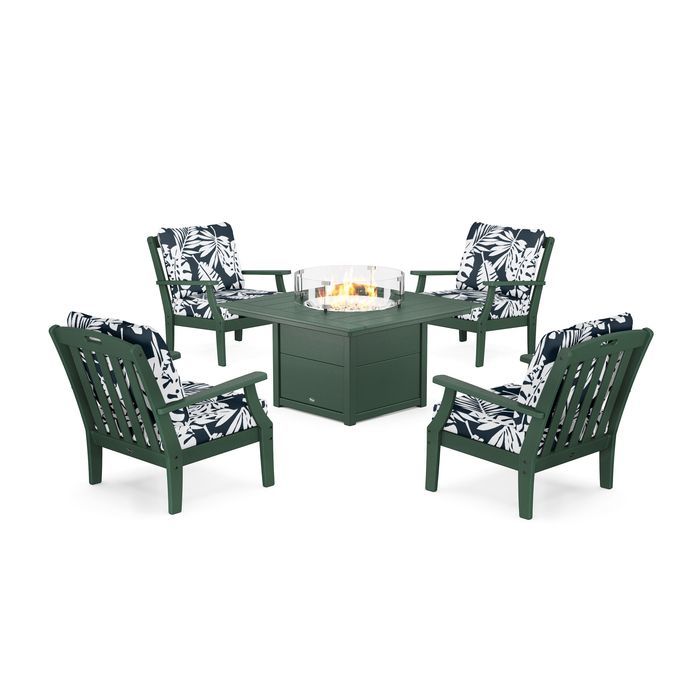 POLYWOOD Yacht Club 5-Piece Deep Seating Set with Square Fire Pit Table