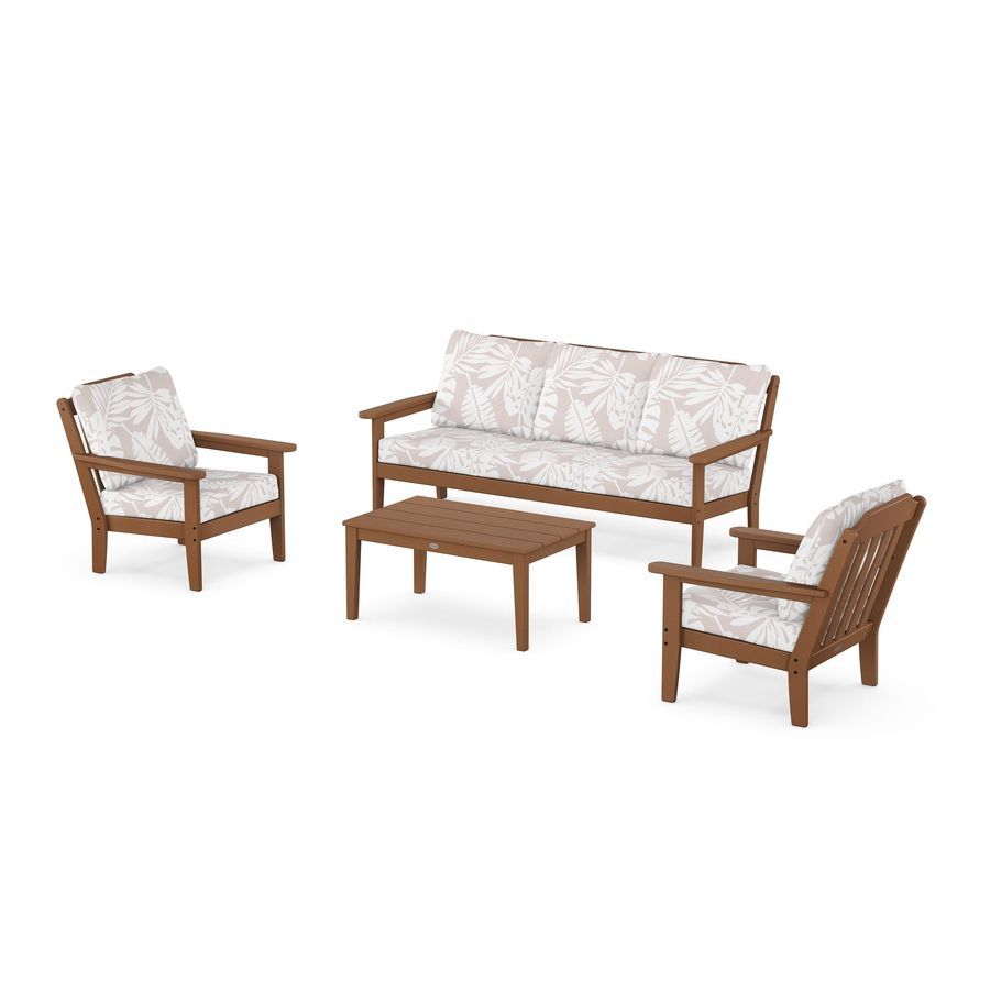 POLYWOOD Country Living 4-Piece Deep Seating Set with Sofa in Teak / Leaf Dune Burlap