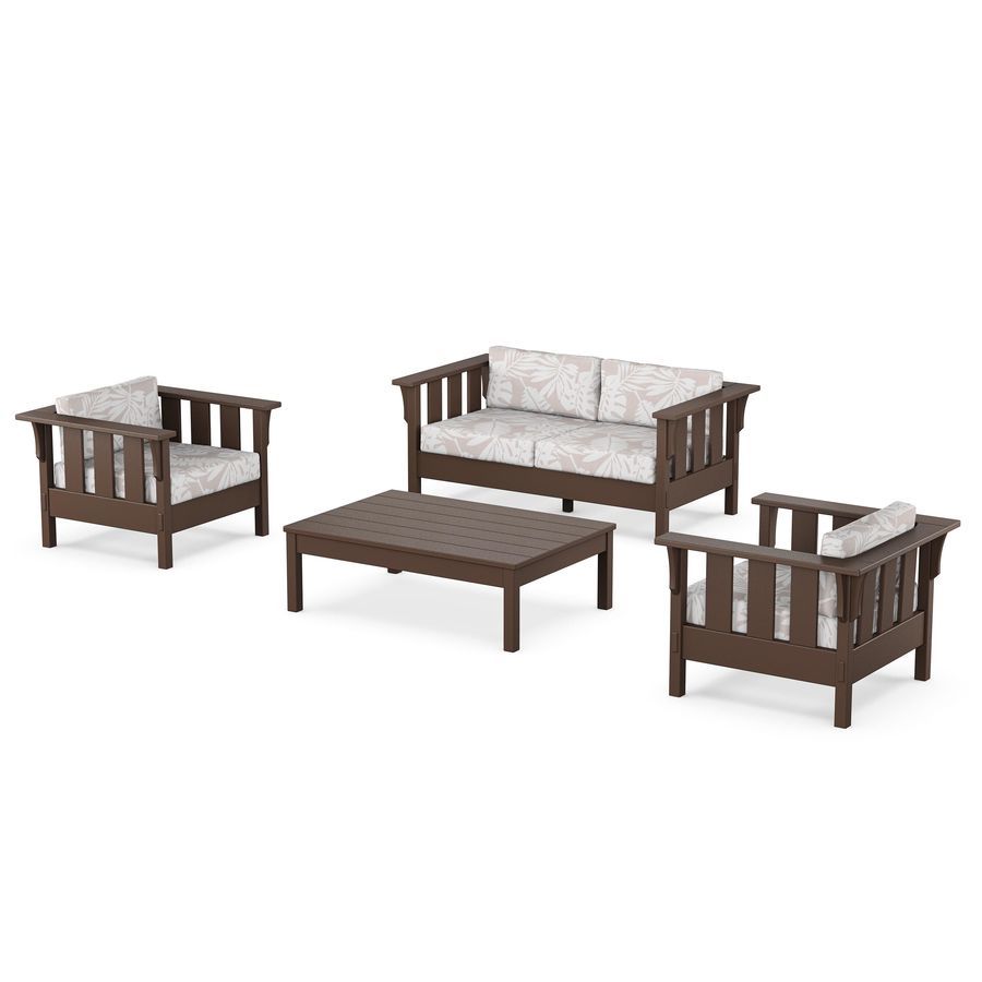 POLYWOOD Acadia 4-Piece Deep Seating Set with Loveseat in Mahogany / Leaf Dune Burlap