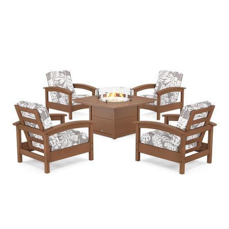 POLYWOOD Rockport 5-Piece Deep Seating Set with Square Fire Pit Table in Tree House / Leaf Grey Mist