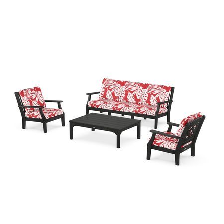 Chinoiserie 4-Piece Deep Seating Set with Sofa in Black / Leaf Crimson