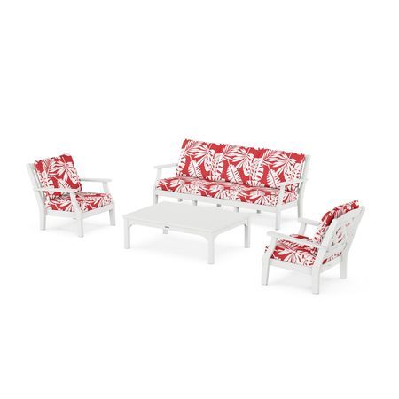Chinoiserie 4-Piece Deep Seating Set with Sofa in White / Leaf Crimson