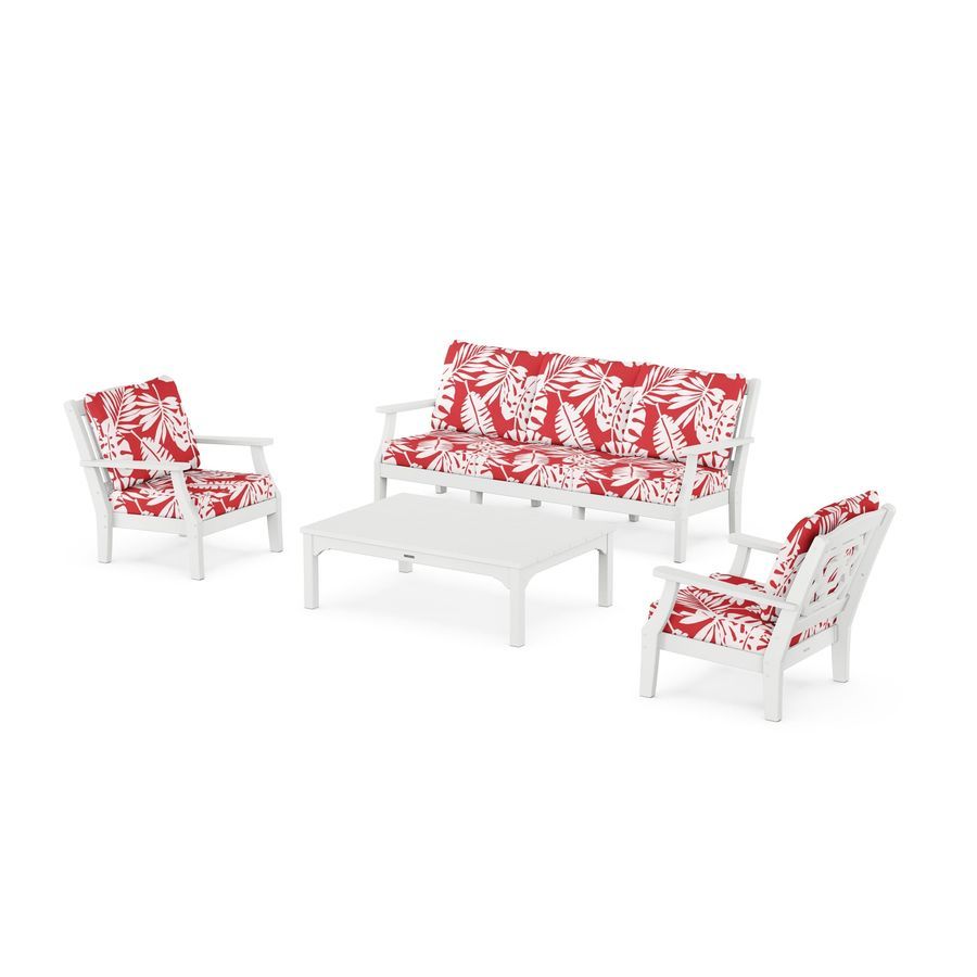 POLYWOOD Chinoiserie 4-Piece Deep Seating Set with Sofa in White / Leaf Crimson