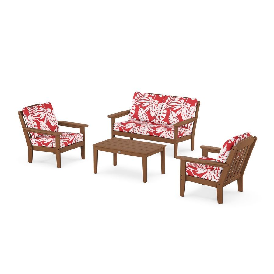 POLYWOOD Country Living 4-Piece Deep Seating Set with Loveseat in Teak / Leaf Crimson