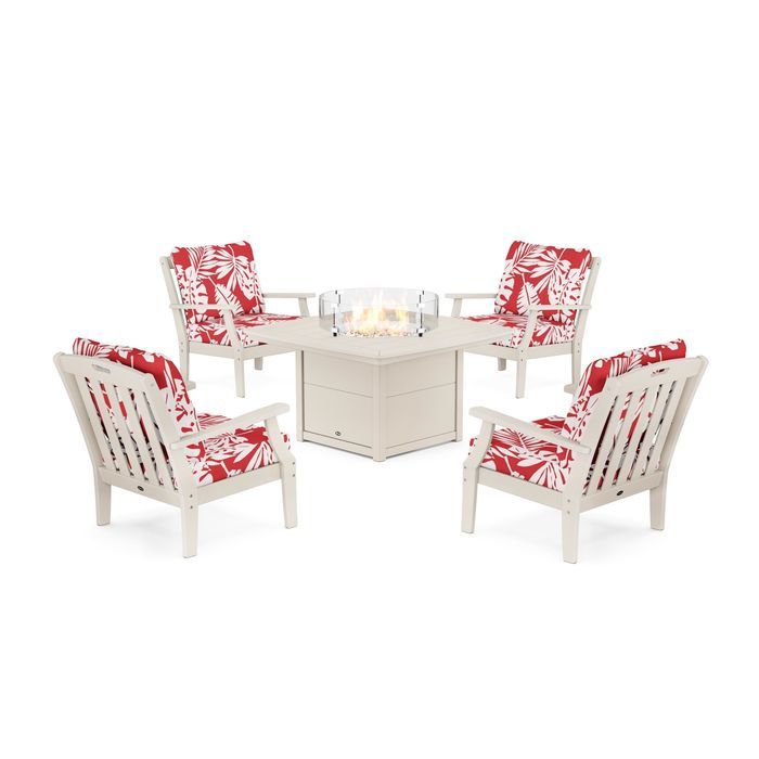 POLYWOOD Yacht Club 5-Piece Deep Seating Set with Fire Pit Table