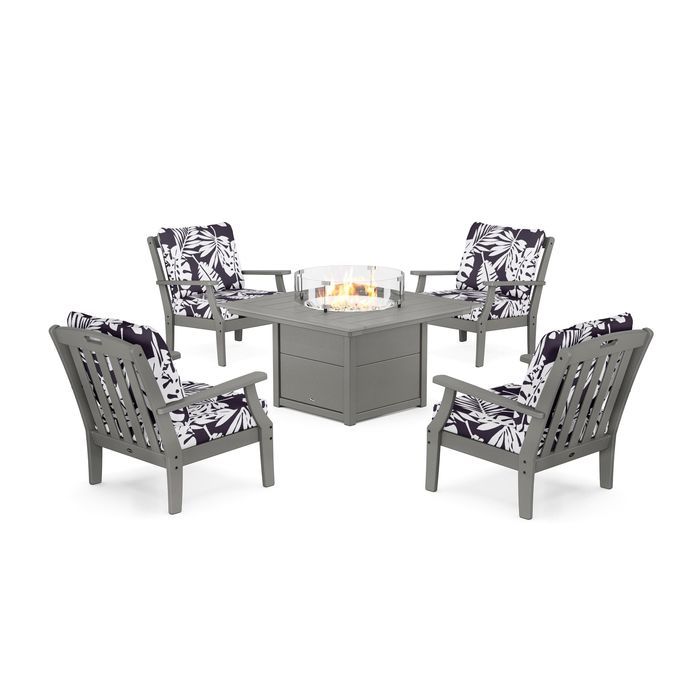 POLYWOOD Yacht Club 5-Piece Deep Seating Set with Square Fire Pit Table