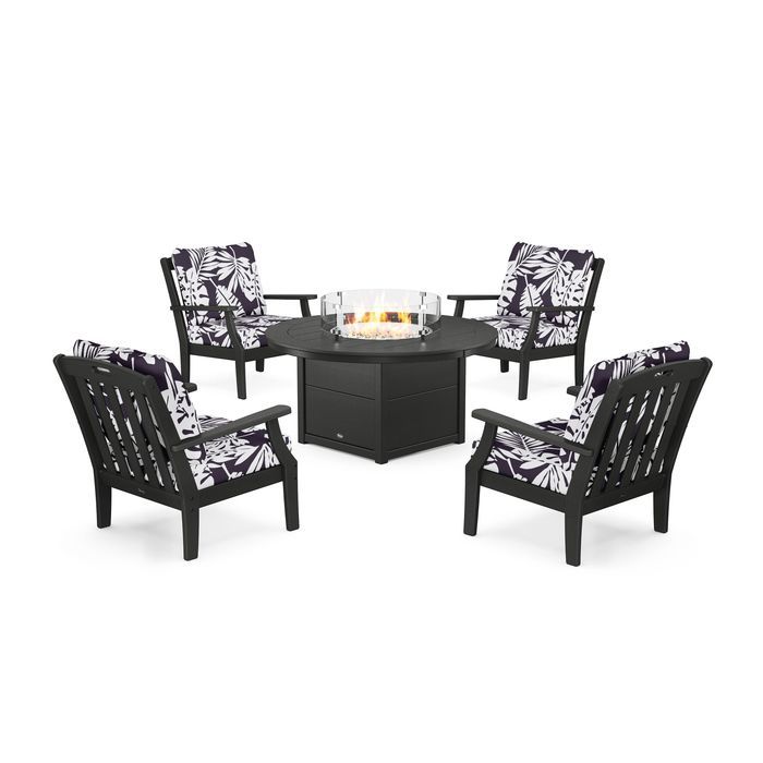 POLYWOOD Yacht Club 5-Piece Deep Seating Set with Round Fire Pit Table
