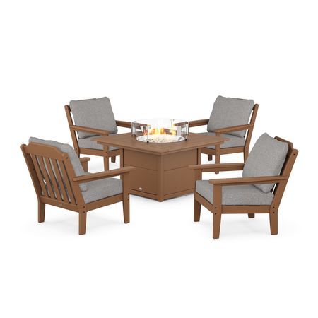 Country Living 5-Piece Deep Seating Set with Fire Pit Table in Teak / Grey Mist