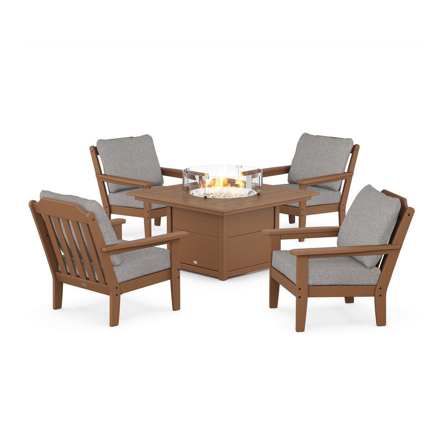POLYWOOD Country Living 5-Piece Deep Seating Set with Fire Pit Table in Teak / Grey Mist