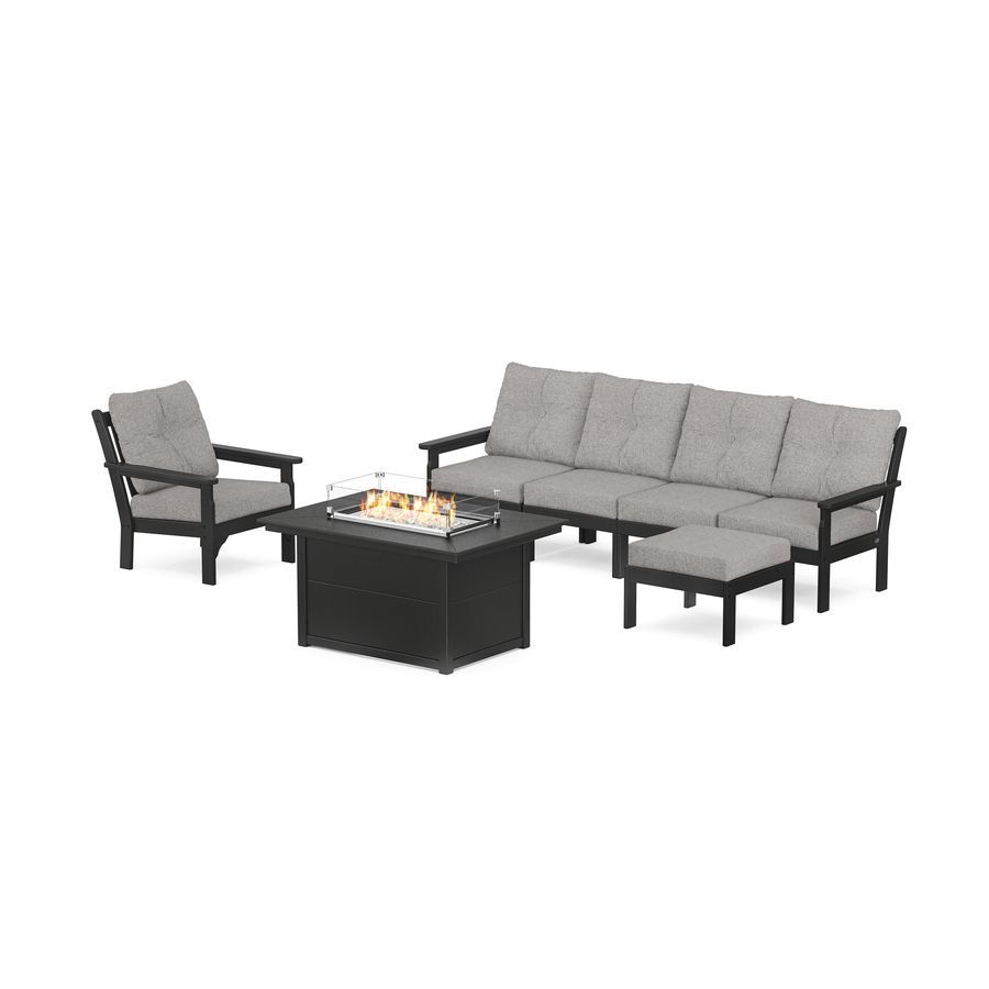 POLYWOOD Vineyard Sectional Lounge and Fire Pit Set in Black / Grey Mist