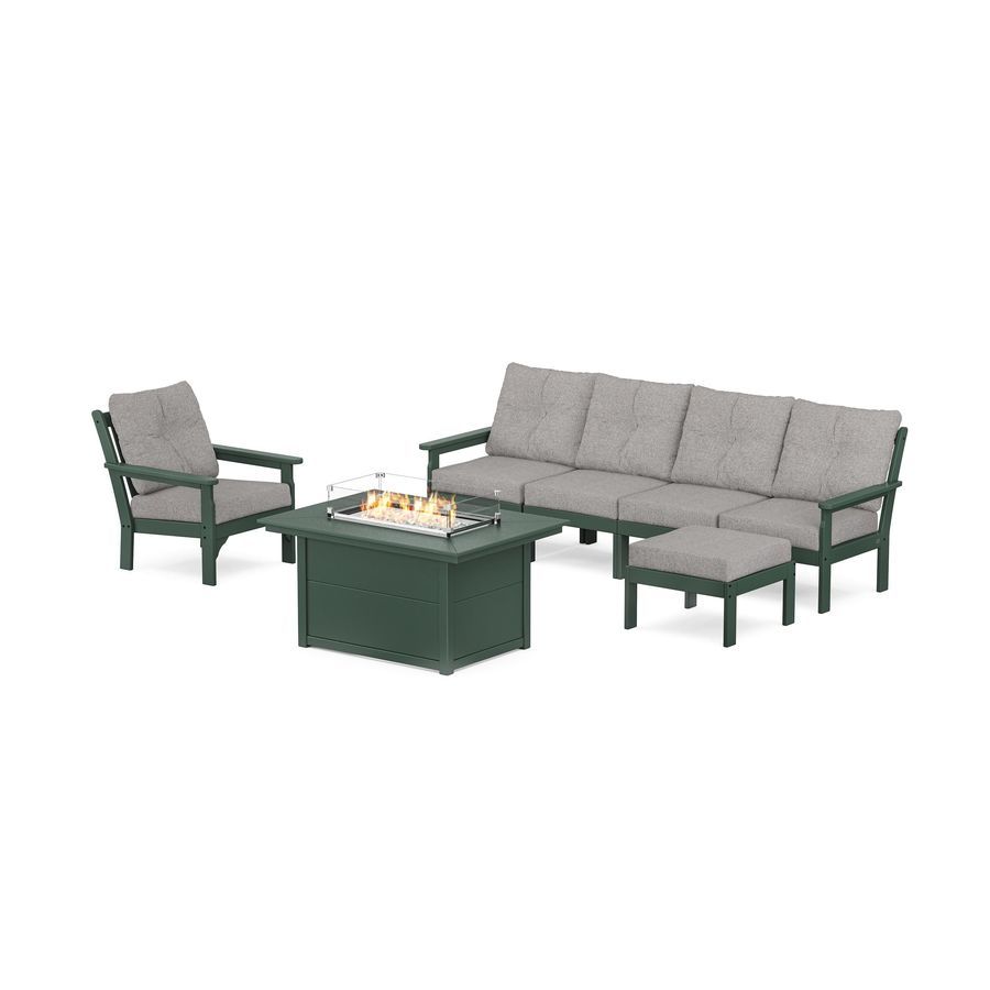POLYWOOD Vineyard Sectional Lounge and Fire Pit Set in Green / Grey Mist