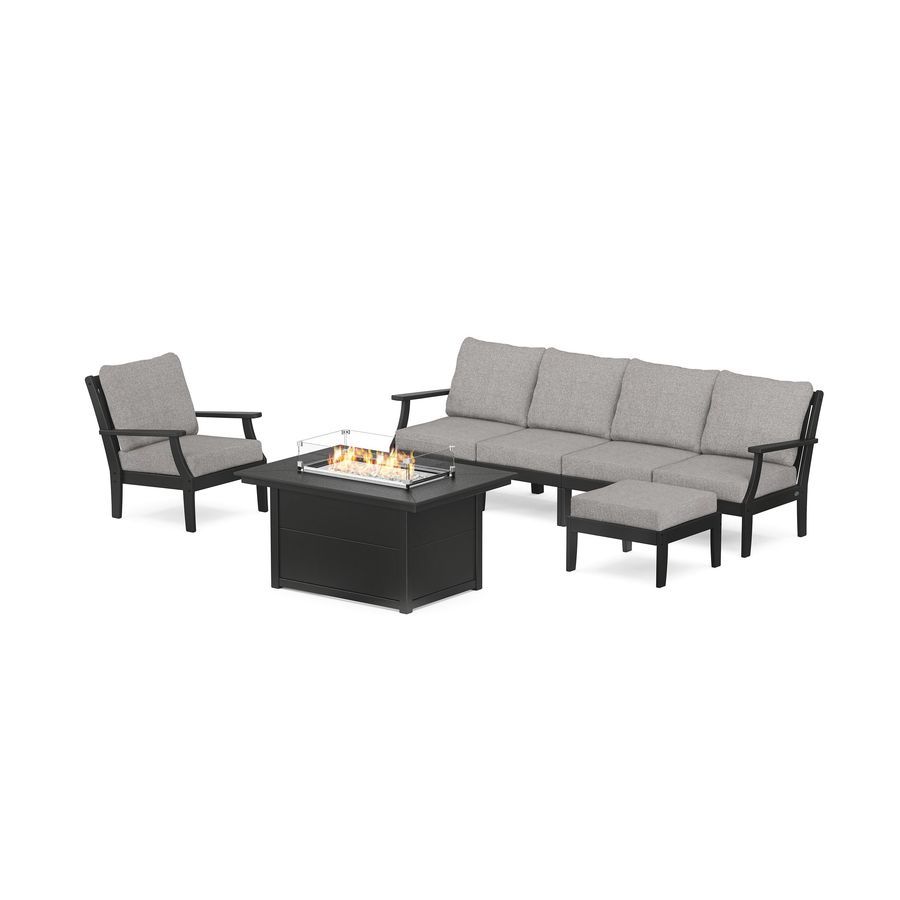POLYWOOD Braxton Sectional Lounge and Fire Pit Set in Black / Grey Mist