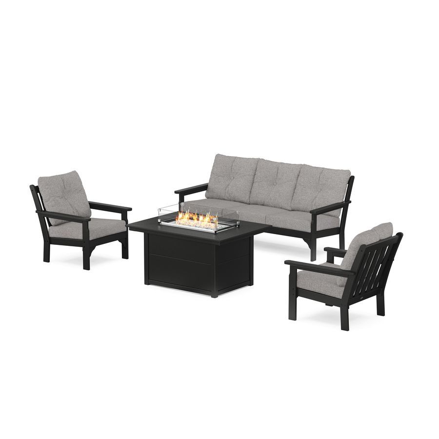 POLYWOOD Vineyard Deep Seating Fire Pit Table Set in Black / Grey Mist