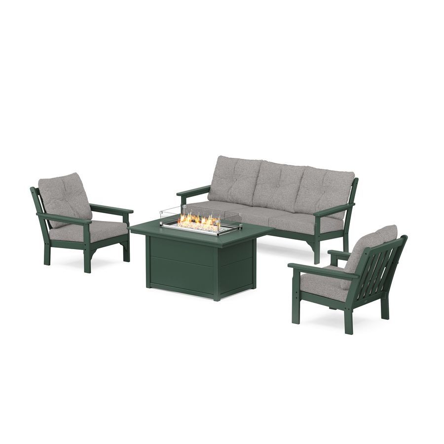 POLYWOOD Vineyard Deep Seating Fire Pit Table Set in Green / Grey Mist
