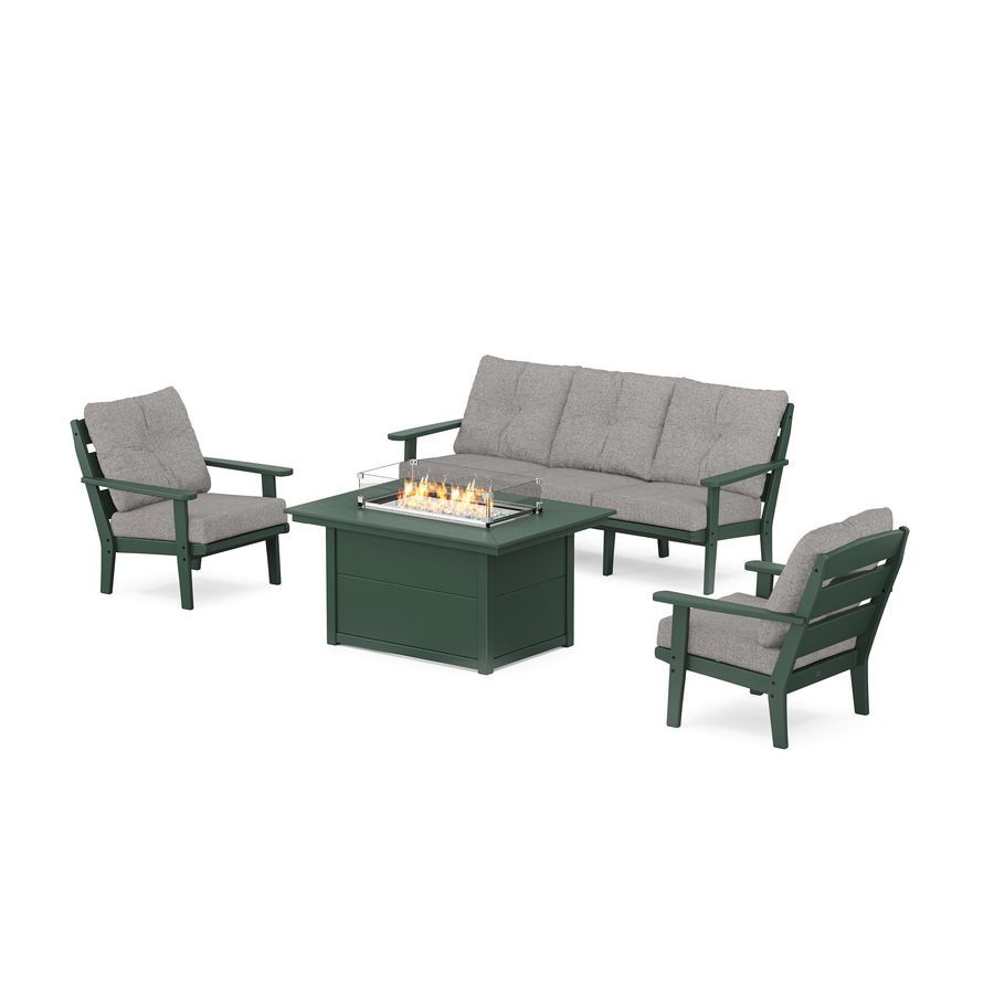 POLYWOOD Lakeside Deep Seating Fire Pit Table Set in Green / Grey Mist