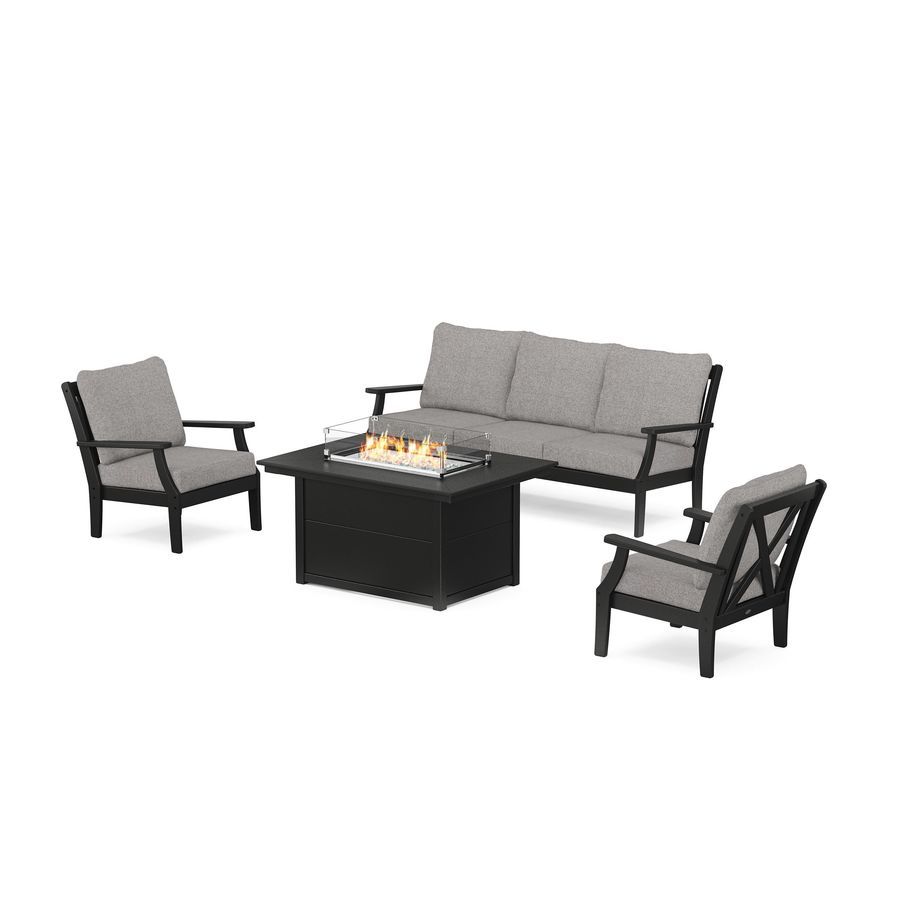 POLYWOOD Braxton Deep Seating Fire Pit Table Set in Black / Grey Mist