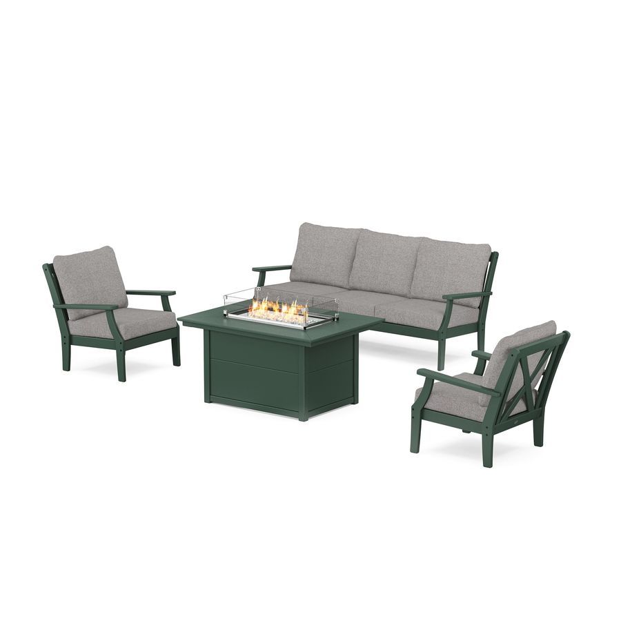 POLYWOOD Braxton Deep Seating Fire Pit Table Set in Green / Grey Mist