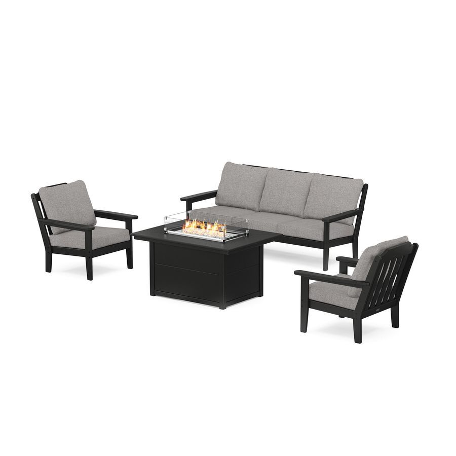 POLYWOOD Country Living Deep Seating Fire Pit Table Set in Black / Grey Mist