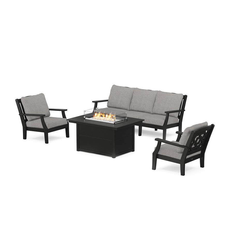 POLYWOOD Chinoiserie Deep Seating Fire Pit Table Set in Black / Grey Mist
