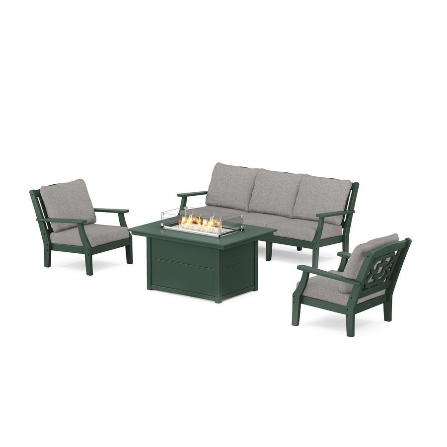 POLYWOOD Chinoiserie Deep Seating Fire Pit Table Set in Green / Grey Mist