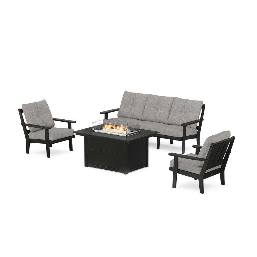 POLYWOOD Oxford Deep Seating Fire Pit Table Set in Black / Grey Mist