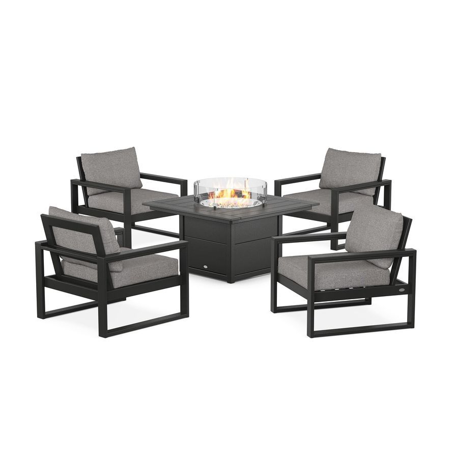 POLYWOOD EDGE Sectional 5-Piece Deep Seating Set with Fire Pit Table in Black / Grey Mist