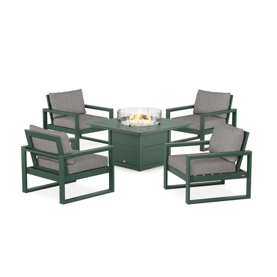 POLYWOOD EDGE Sectional 5-Piece Deep Seating Set with Fire Pit Table in Green / Grey Mist