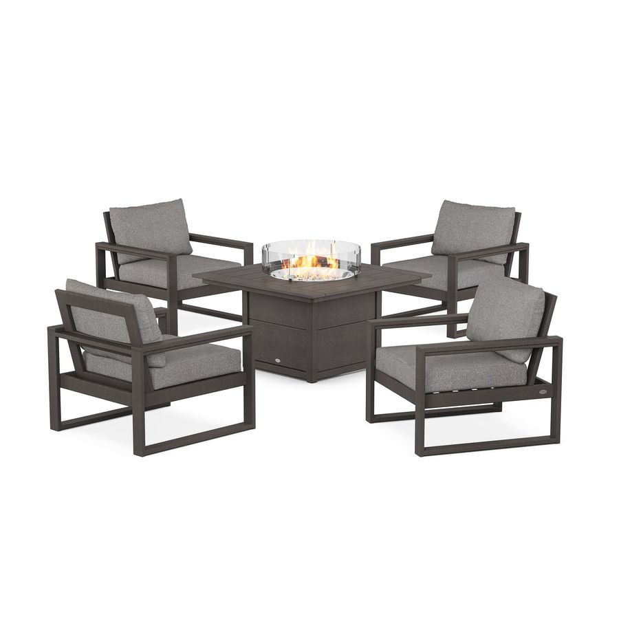 POLYWOOD EDGE Sectional 5-Piece Deep Seating Set with Fire Pit Table in Vintage Coffee / Grey Mist