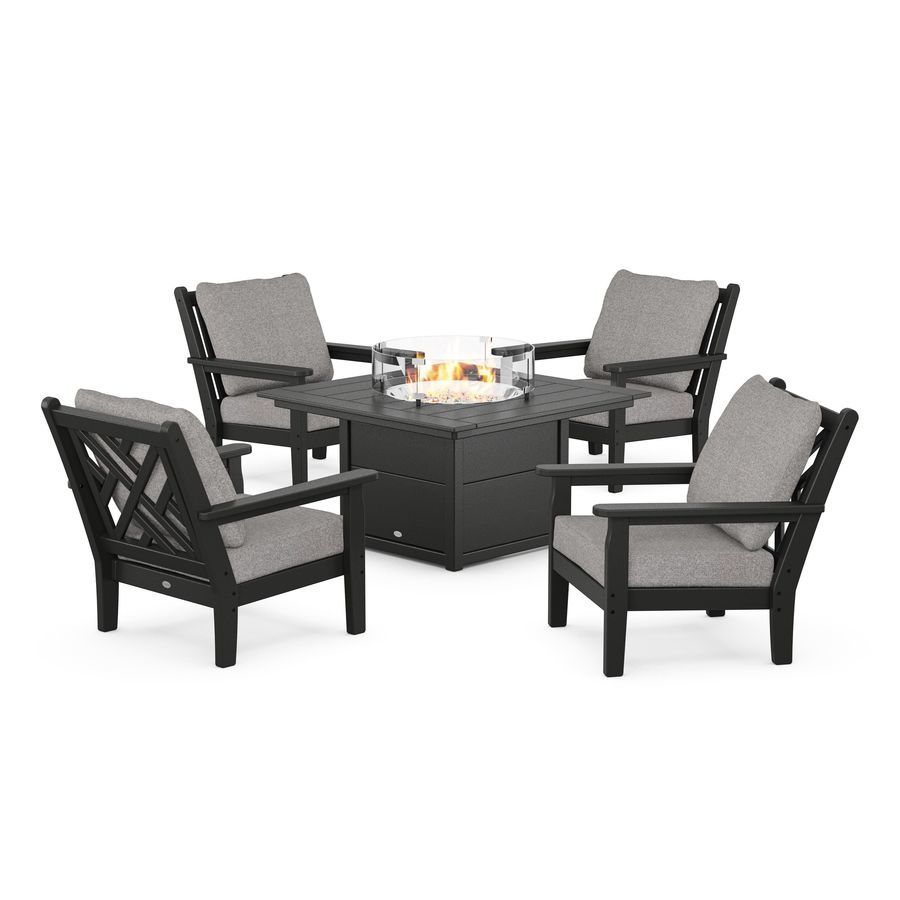 POLYWOOD Chippendale 5-Piece Deep Seating Set with Fire Pit Table in Black / Grey Mist