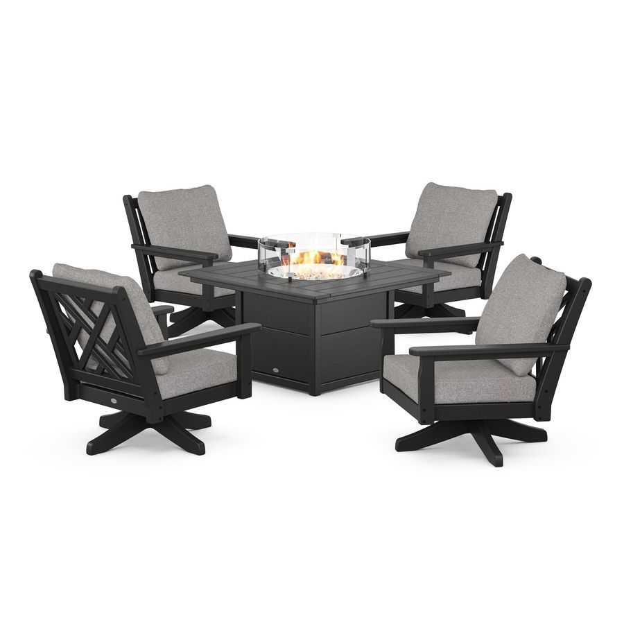 POLYWOOD Chippendale 5-Piece Deep Seating Swivel Conversation Set with Fire Pit Table in Black / Grey Mist