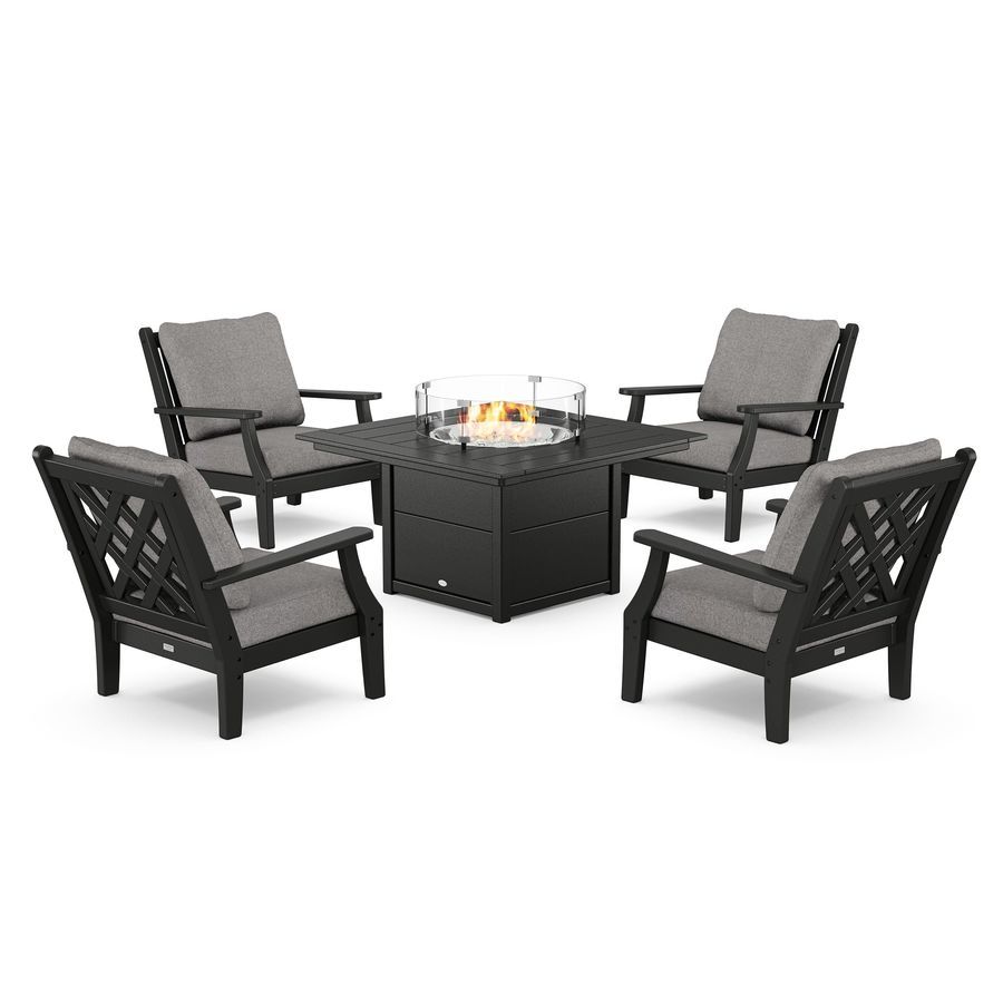 POLYWOOD Wovendale 5-Piece Deep Seating Set with Fire Pit Table in Black / Grey Mist