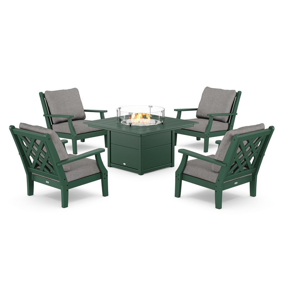 POLYWOOD Wovendale 5-Piece Deep Seating Set with Fire Pit Table in Green / Grey Mist