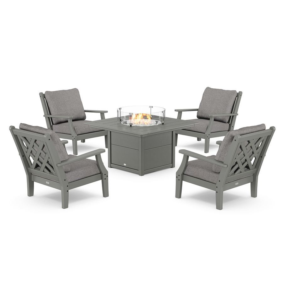 POLYWOOD Wovendale 5-Piece Deep Seating Set with Fire Pit Table in Slate Grey / Grey Mist