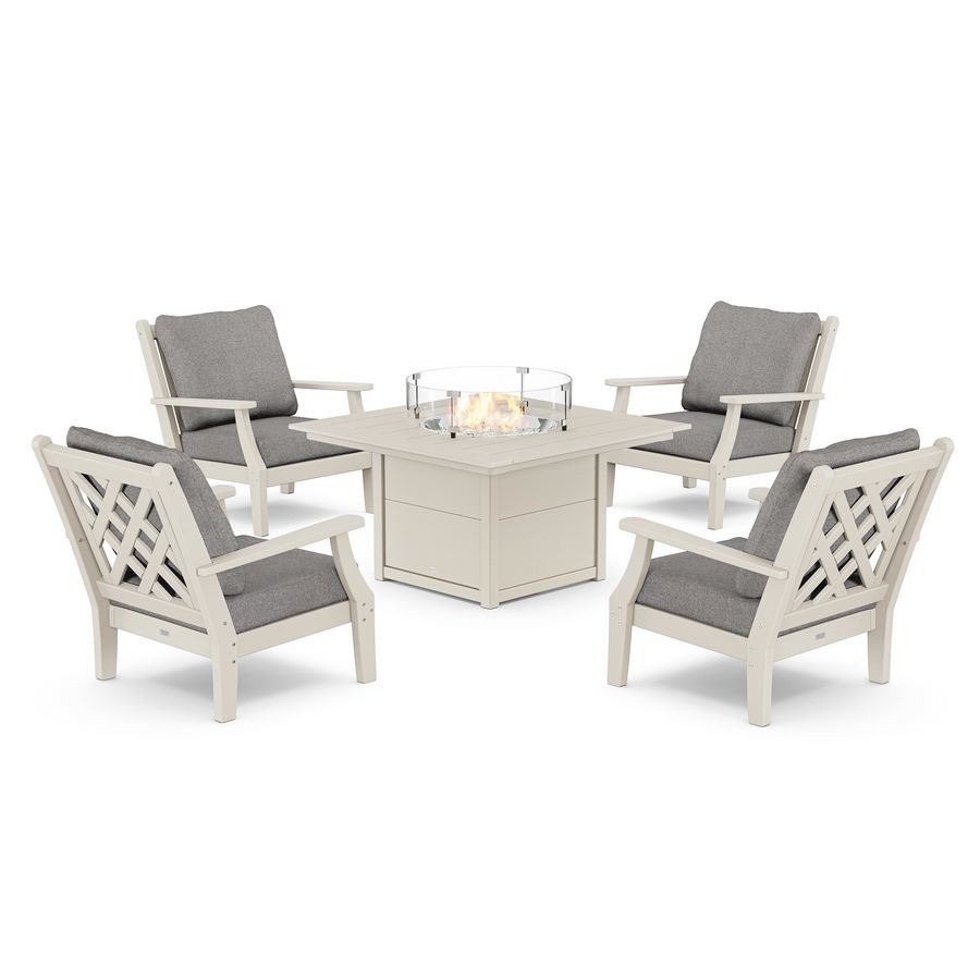 POLYWOOD Wovendale 5-Piece Deep Seating Set with Fire Pit Table in Sand / Grey Mist