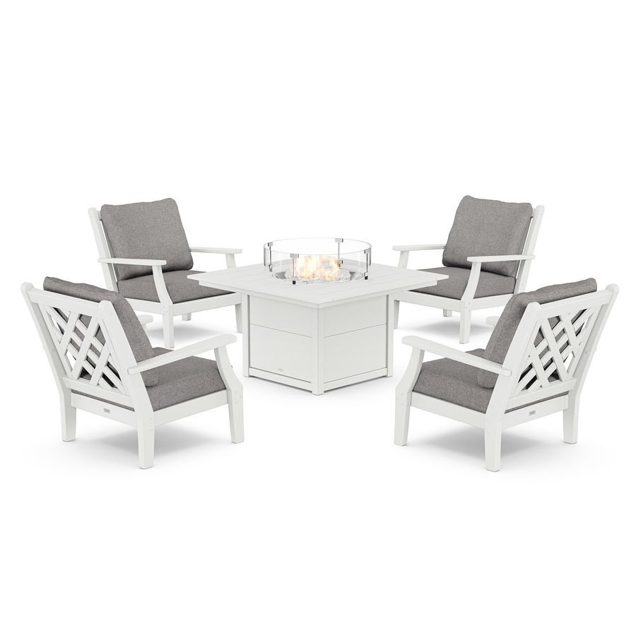 POLYWOOD Wovendale 5-Piece Deep Seating Set with Fire Pit Table in White / Grey Mist