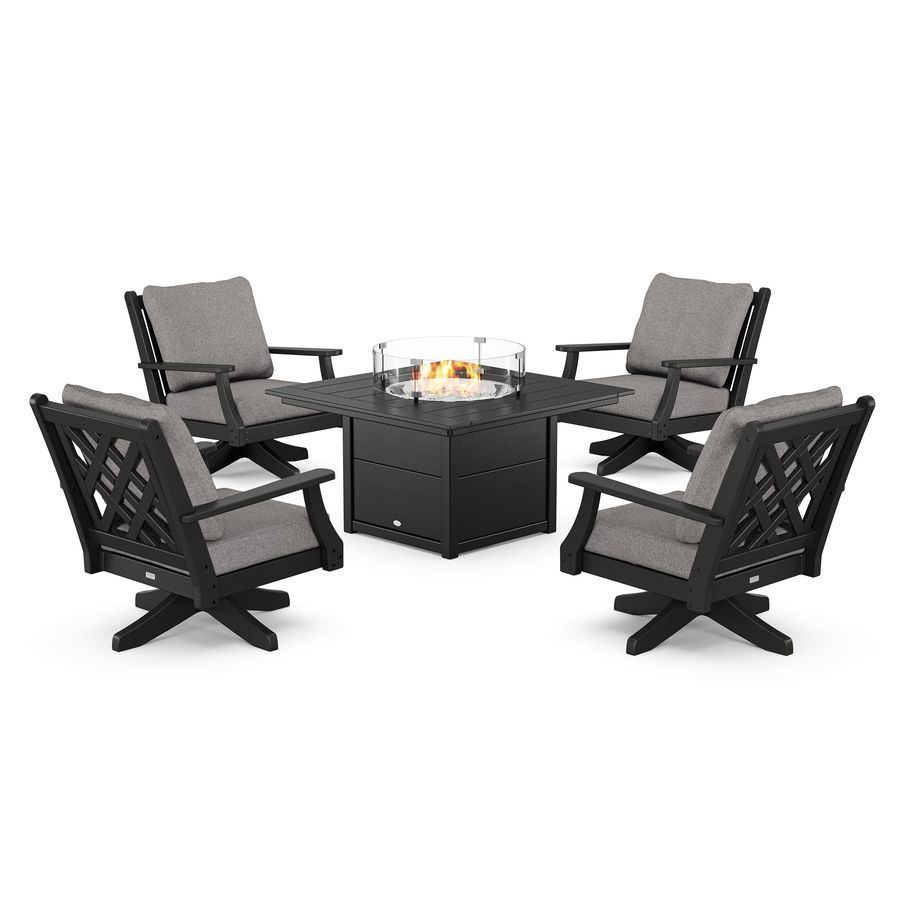 POLYWOOD Wovendale 5-Piece Deep Seating Swivel Conversation Set with Fire Pit Table in Black / Grey Mist