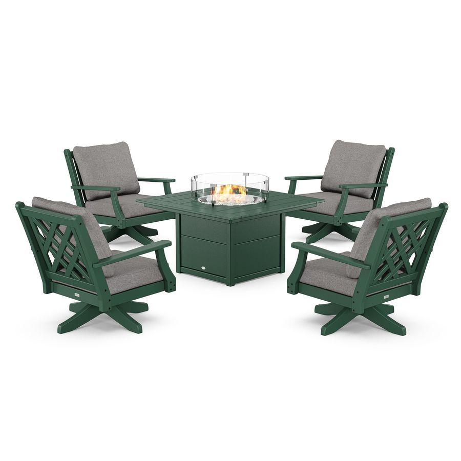 POLYWOOD Wovendale 5-Piece Deep Seating Swivel Conversation Set with Fire Pit Table in Green / Grey Mist