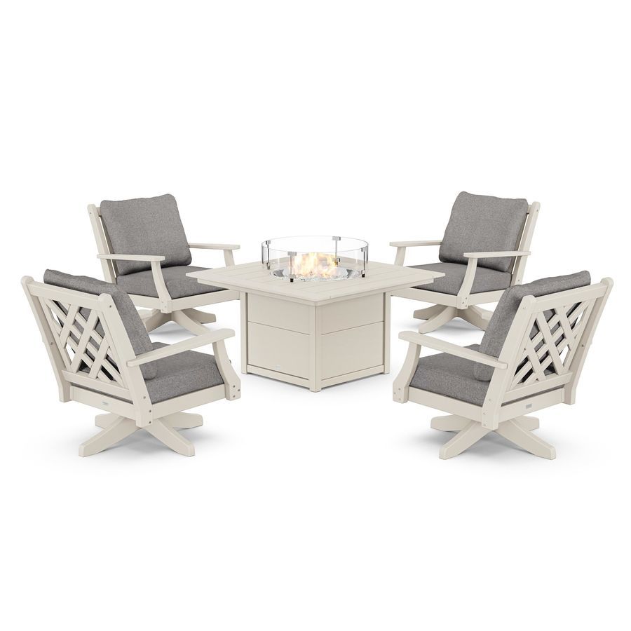 POLYWOOD Wovendale 5-Piece Deep Seating Swivel Conversation Set with Fire Pit Table in Sand / Grey Mist