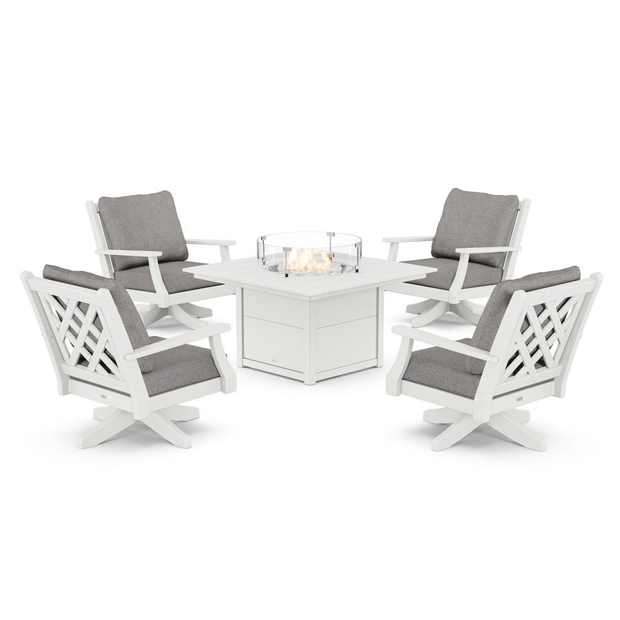 POLYWOOD Wovendale 5-Piece Deep Seating Swivel Conversation Set with Fire Pit Table in White / Grey Mist