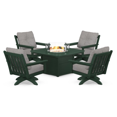 Vineyard 5-Piece Deep Seating Swivel Conversation Set with Fire Pit Table in Green / Grey Mist